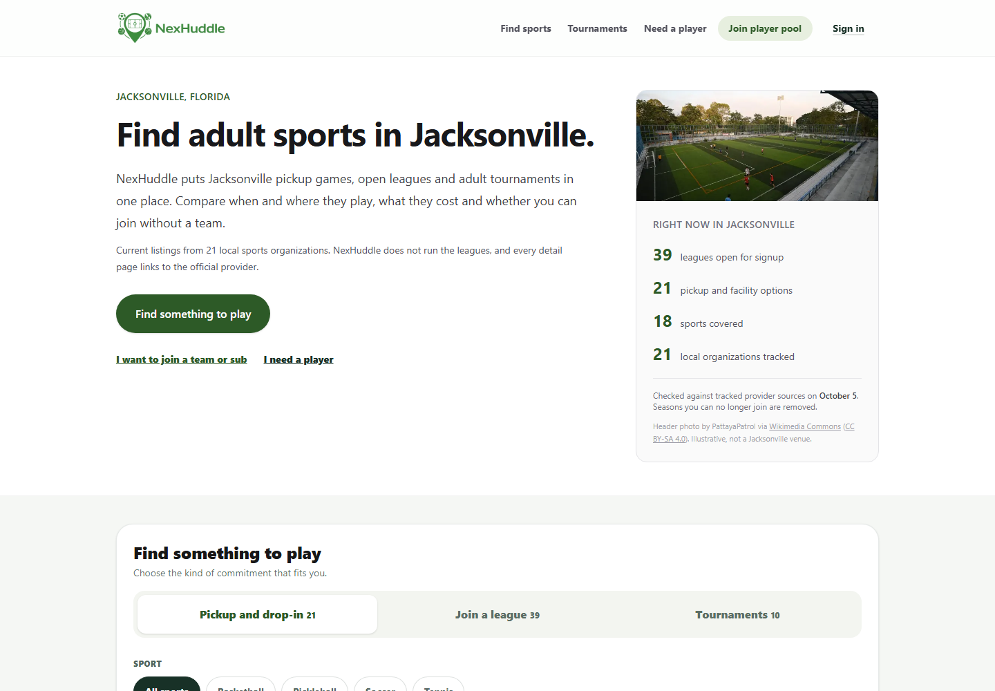 NexHuddle adult sports directory homepage